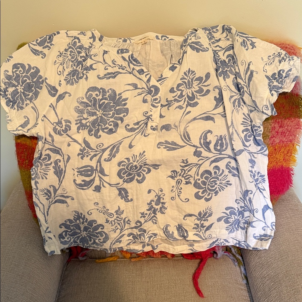 NWOT Lucky Brand Cream Blouse with Blue Floral Print